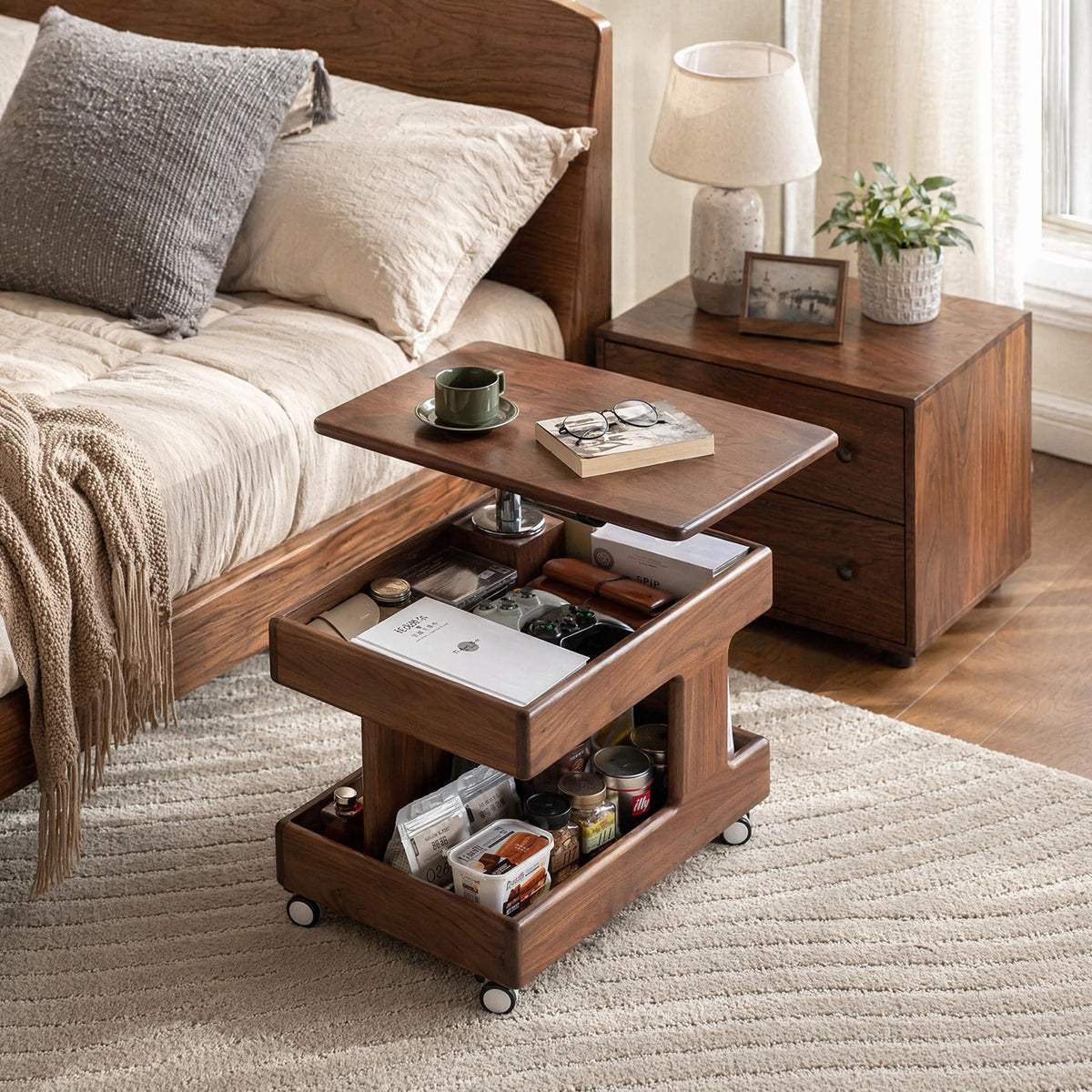 Small Lift Top Coffee Table with Wheels, Solid Wood Table with Storage