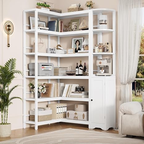 72" L-Shaped Corner Bookshelf, 6-Tier with Cabinet, Wood & Metal