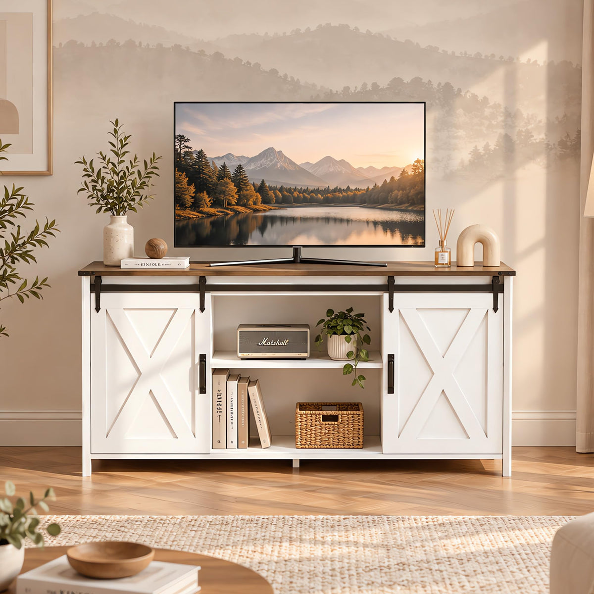 Seang Farmhouse TV Stand, 57 Inch, White