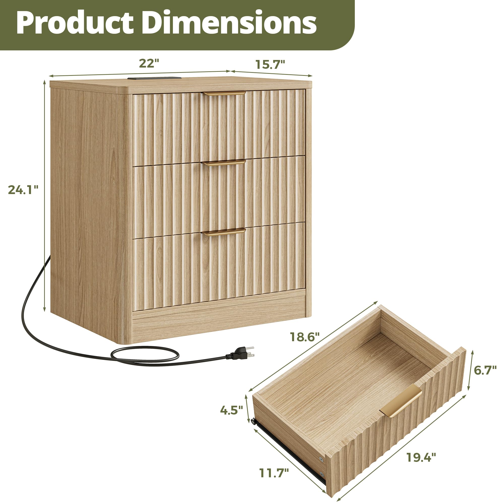 IRONCK Fluted Night Stand Set of 2, 22" Modern Nightstand with Charging Station & 3 Drawers, Bedside Table for Bedroom, Natural Oak