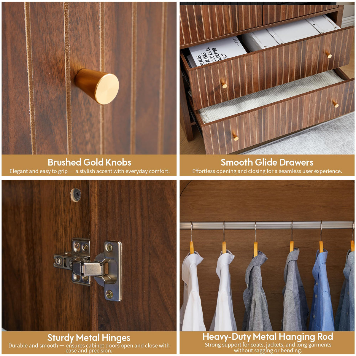LEVNARY Arched Armoire Wardrobe Closet, Mid-Century Modern 2-Door Freestanding Wardrobe with Hanging Rod and 2 Drawers, Fluted Carved Clothing Storage Cabinet for Bedroom (Walnut)