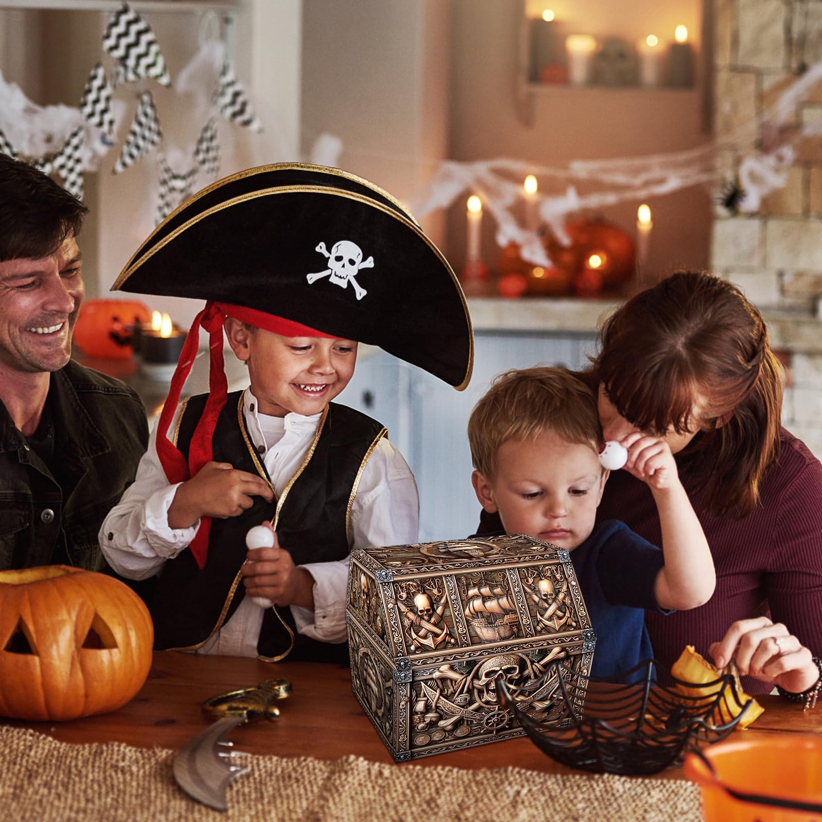 PETCEE Pirate Treasure Chest & Skull Box - Large 9"x 9.3"x 8" Cardboard Classroom Storage for Kids Prizes Reusable Treasure Chest for Classroom Rewards Pirate Party Decor Toys Keepsake Organizer