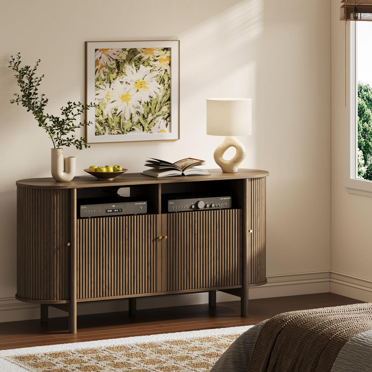 Fluted TV Stand with Power Outlets