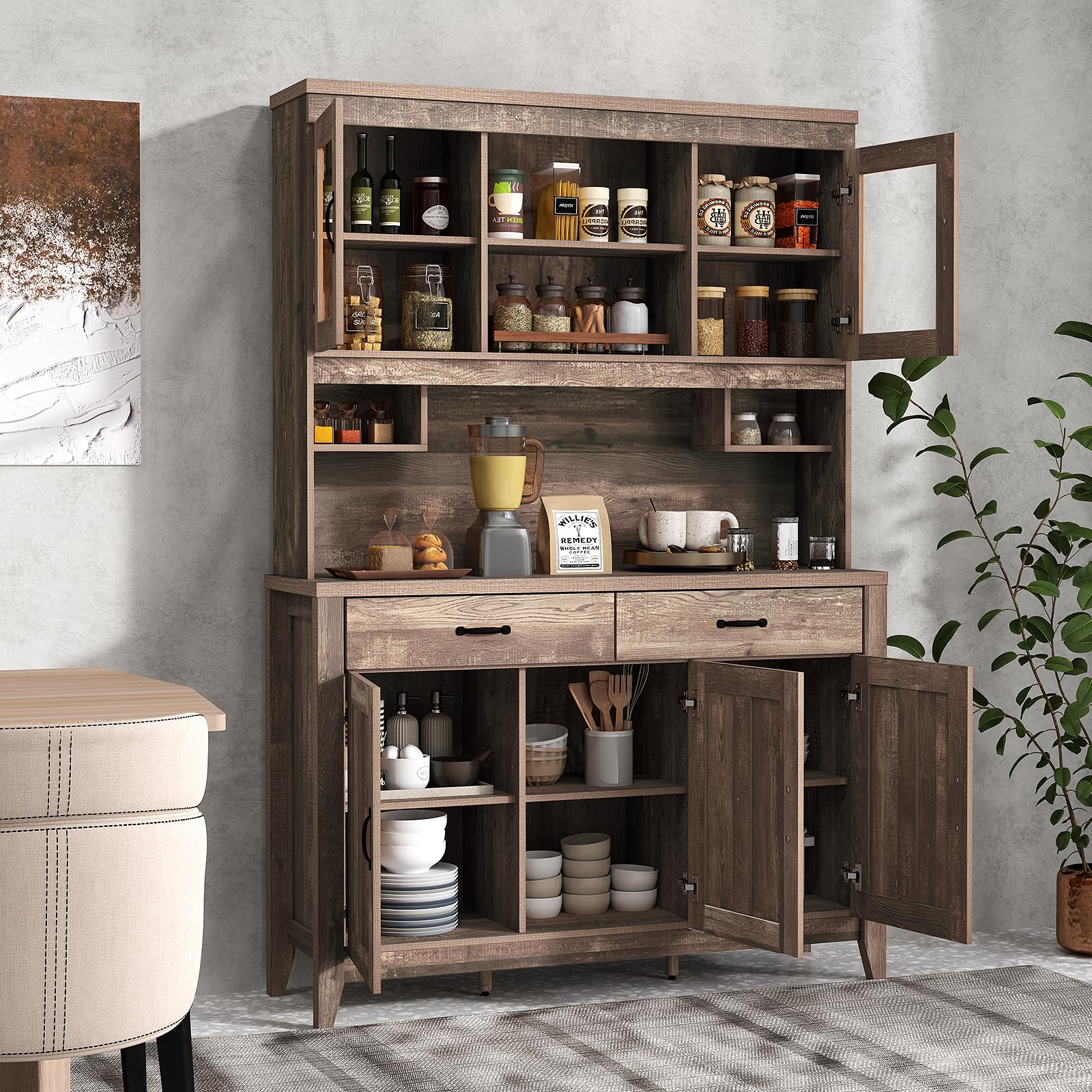 Tall Kitchen Hutch Storage Cabinet with Glass Doors & Microwave Shelf