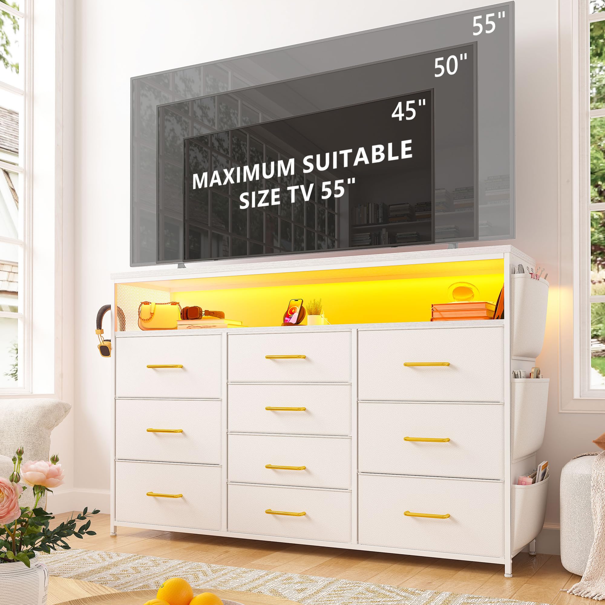 EnHomee 10 Drawer Dresser for Bedroom with Wood Open Shelves, 55" TV Stand for Bedroom with Power Outlets and LED Lights, Fabric Dressers & Chest of Drawers with Side Pocket, White
