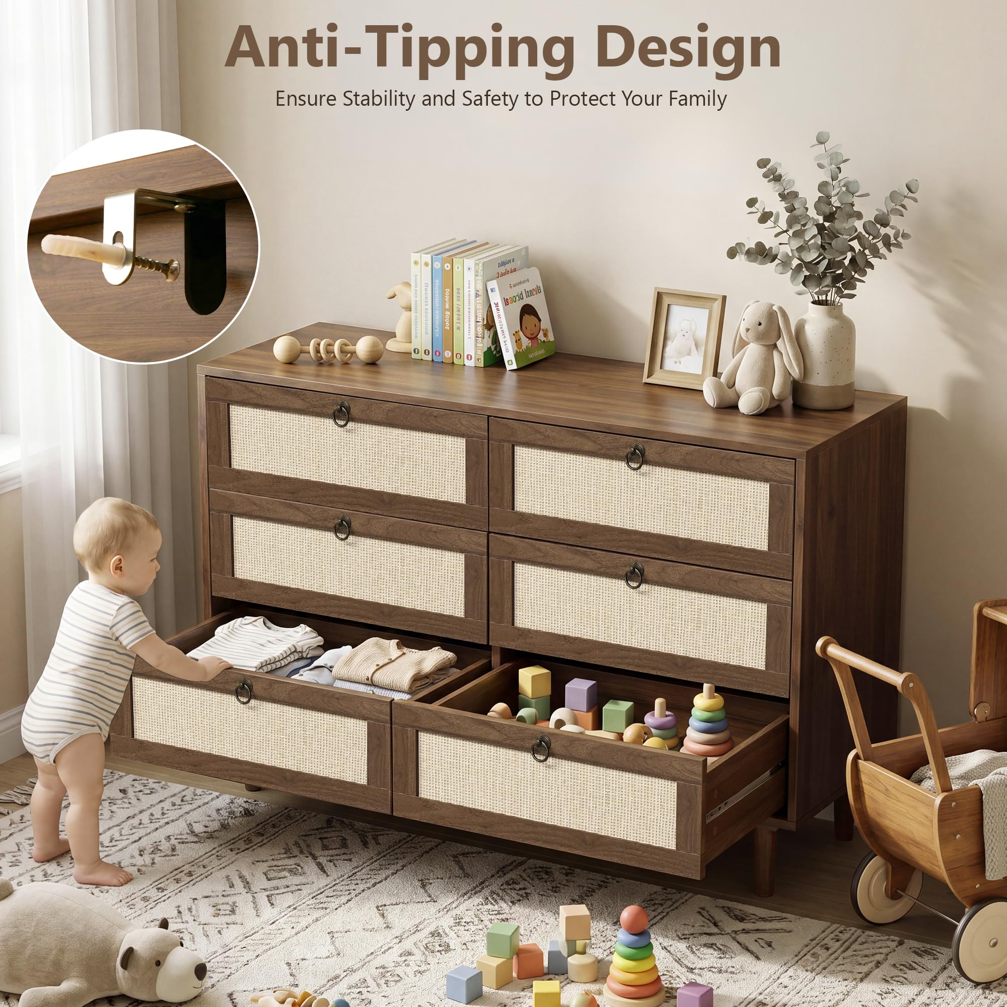 LAZZO 6 Drawer Dresser for Bedroom Dresser for Closet Rattan Chest of Drawers Mid Century Modern TV Stand with Golden Handles for Closet, Living Room and Apartment (Walnut)