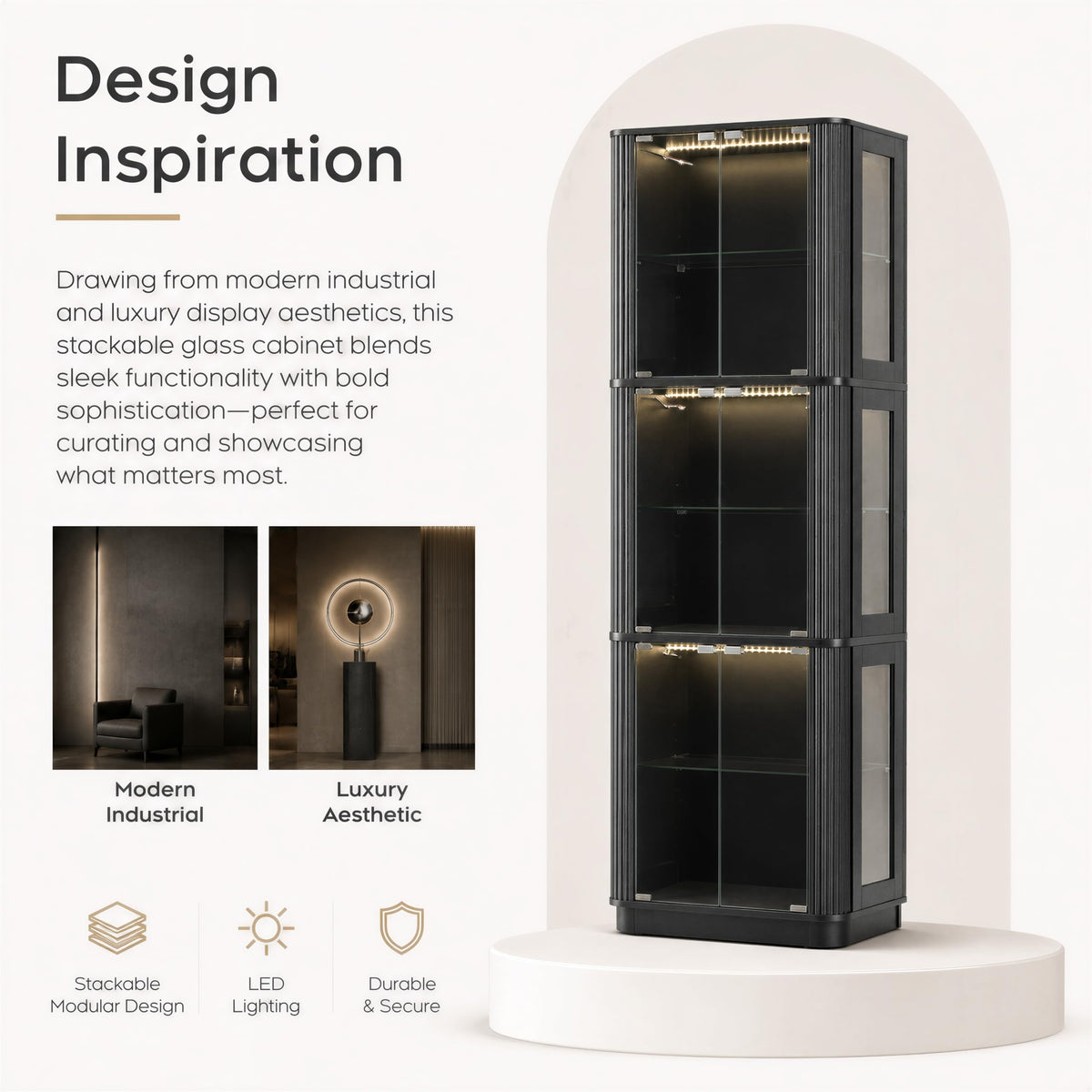 Arched Glass Display Cabinet with LED Lights