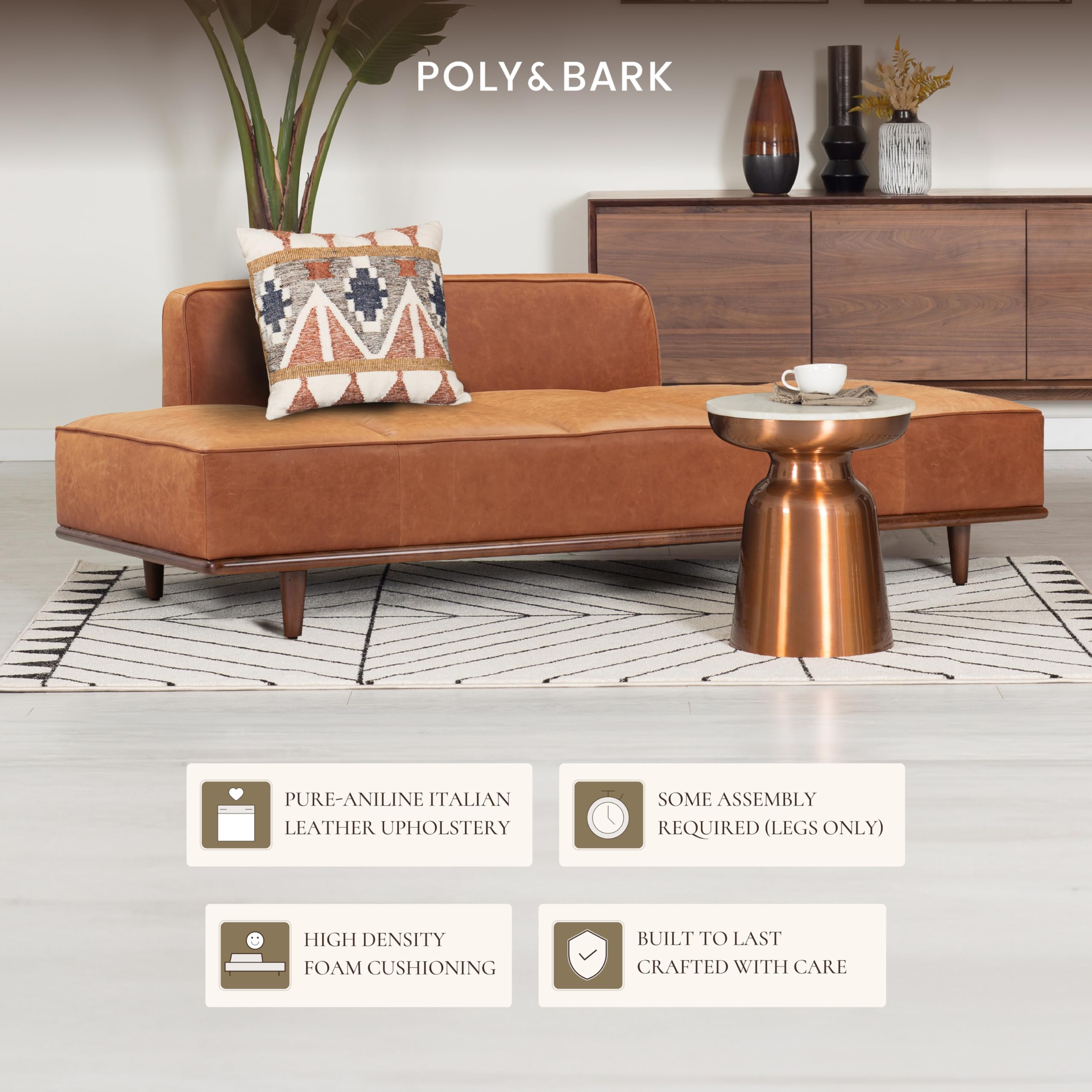 Poly & Bark Jasper Daybed - Cognac Tan - Full-Grain Pure-Aniline Leather Upholstery – Walnut-Stained Ash Wood Frame, 6.6 Feet – Modern Daybed for Living Room or Guest Space – Minimal Assembly