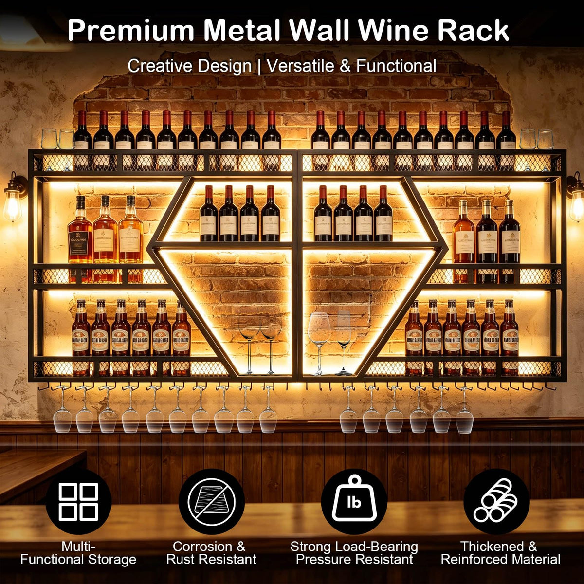 Wall-Mounted Wine Rack with LED Light