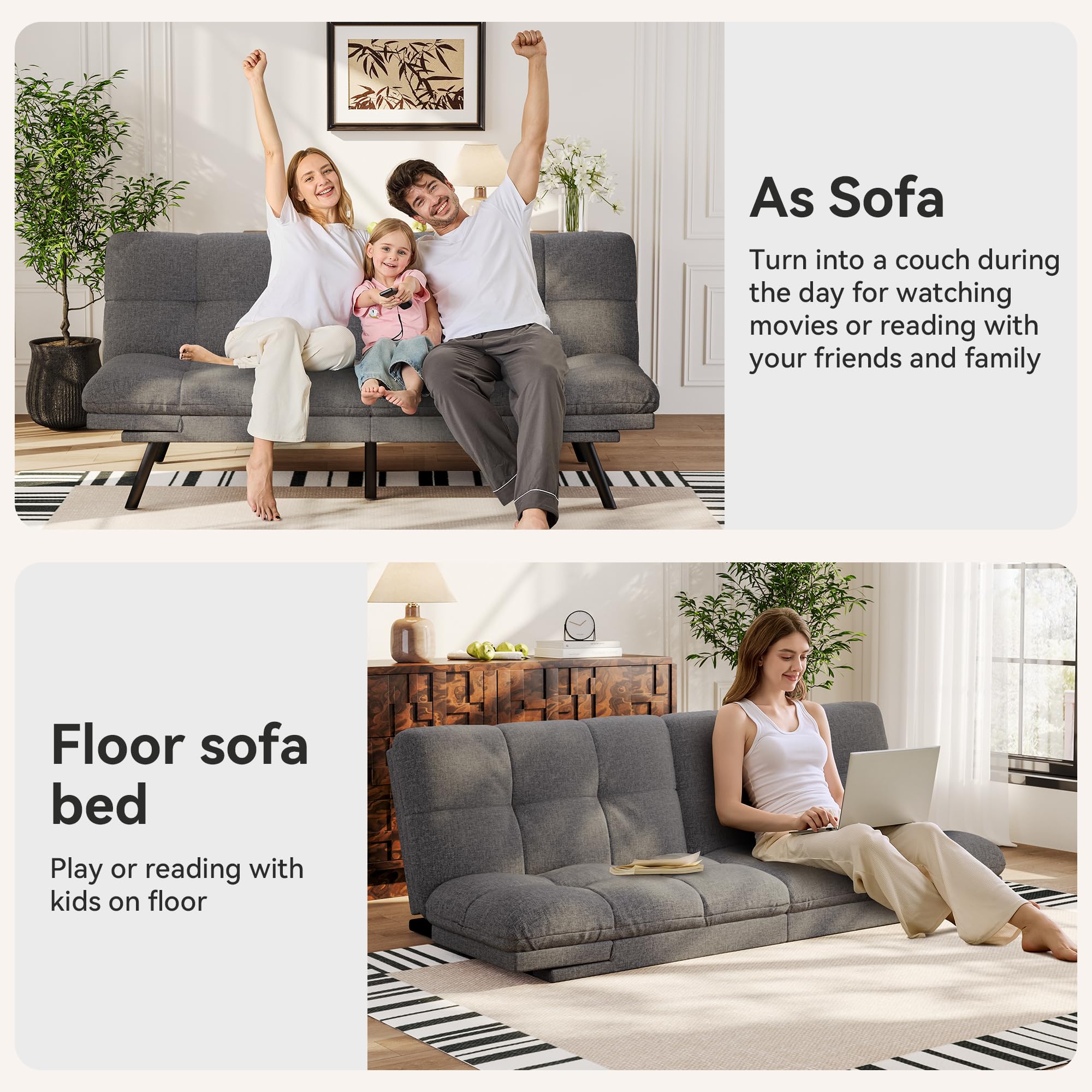 Convertible Futon Sofa Bed with Adjustable Backrest & Armrest