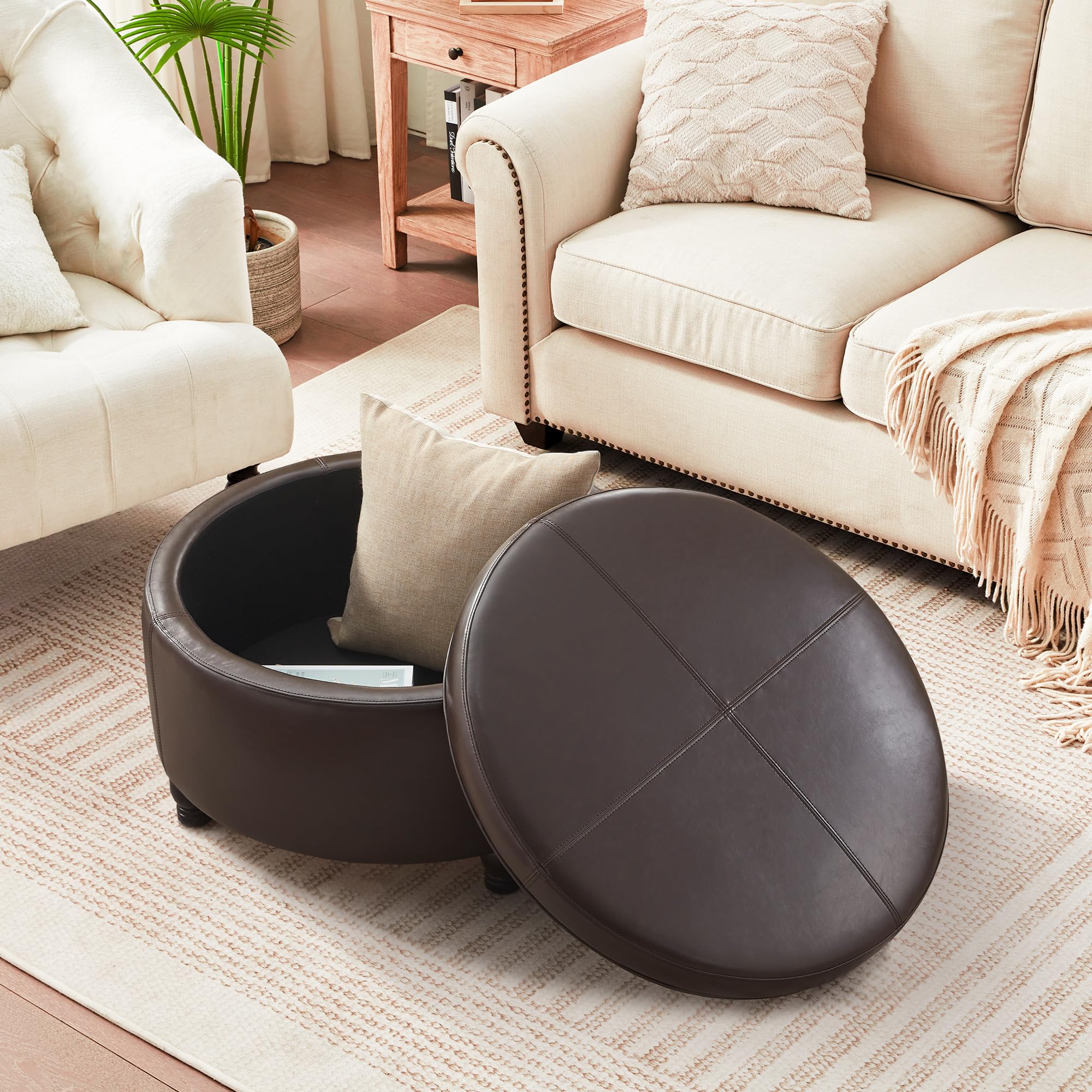 MIQMICMIK 30-Inch Round Storage Ottoman, Modern Ottoman Coffee Table with Removable Top for Living Room, Bedroom, Office (Brown)