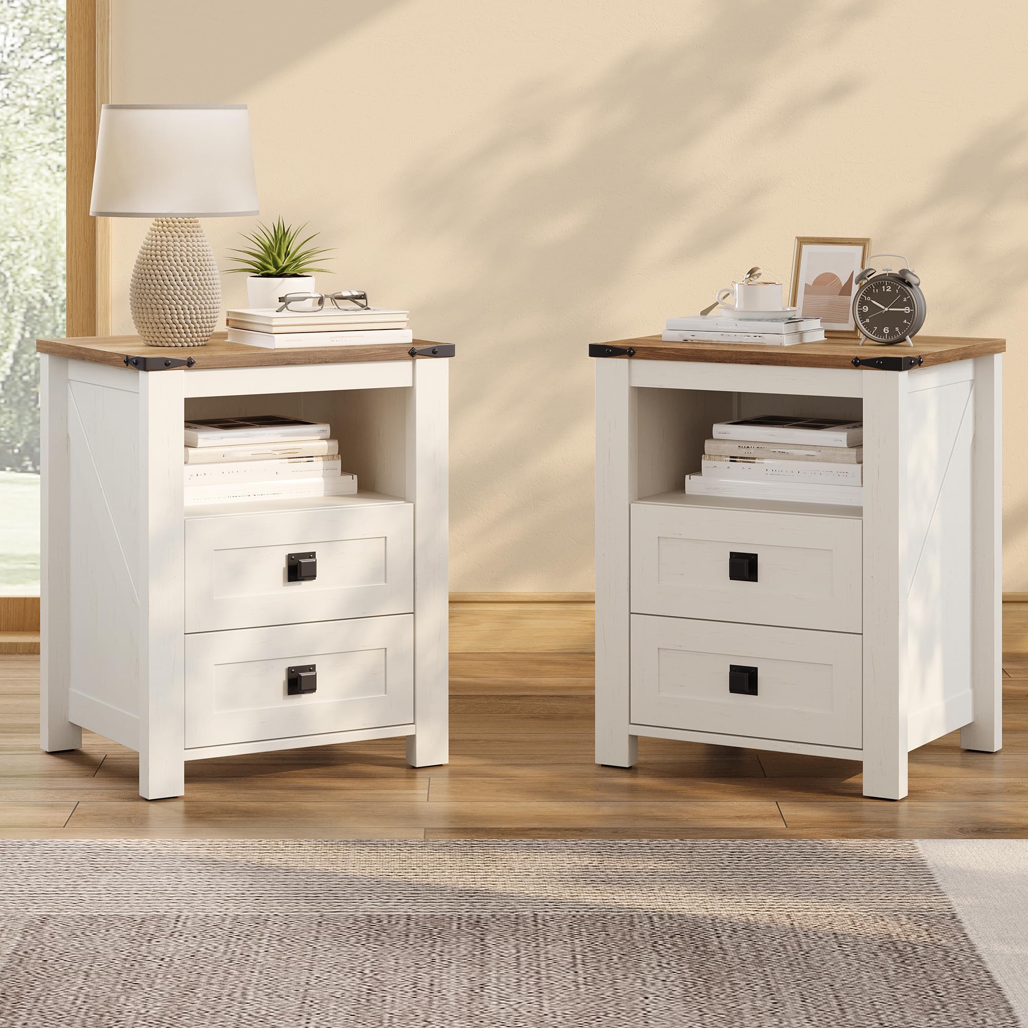 Farmhouse Nightstand Set of 2 with Drawers & Open Shelf