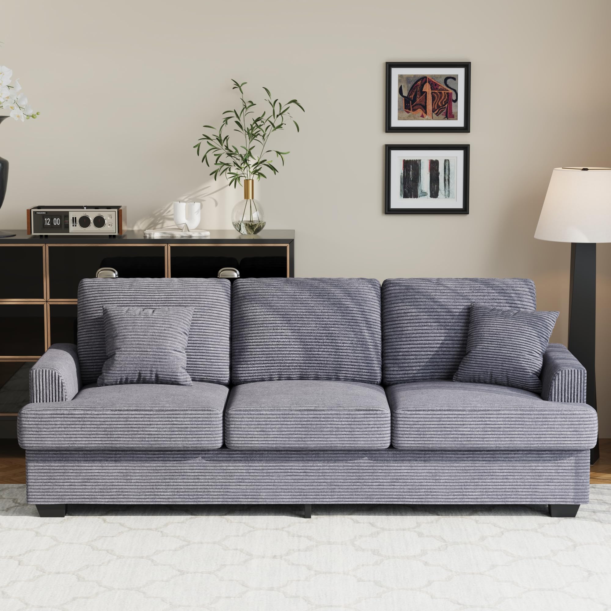 IDEALHOUSE 86" Corduroy Comfy Sofa, 3-Seater Sofa Couch with 2 Throw Pillows, Cloud Couch with deep Seats and 2 Removable Back Cushions, Modern Sofa for Living Room, Bedroom, Apartment, Office, Grey