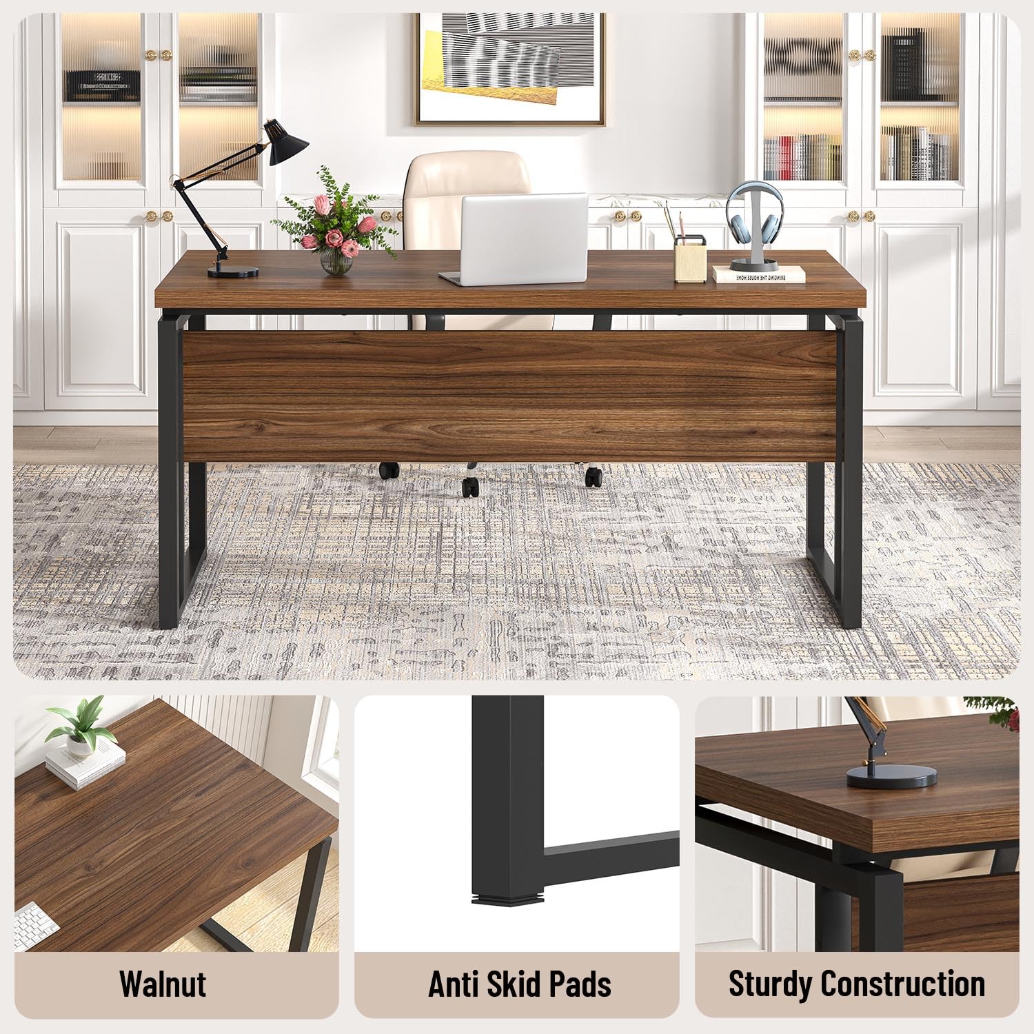 EXCEFUR Home Office Desk, Modern Computer Desk for Workstation, Wood Metal Executive PC Laptop Study Writing Table for Living Room, 53 Inch, Rustic Walnut