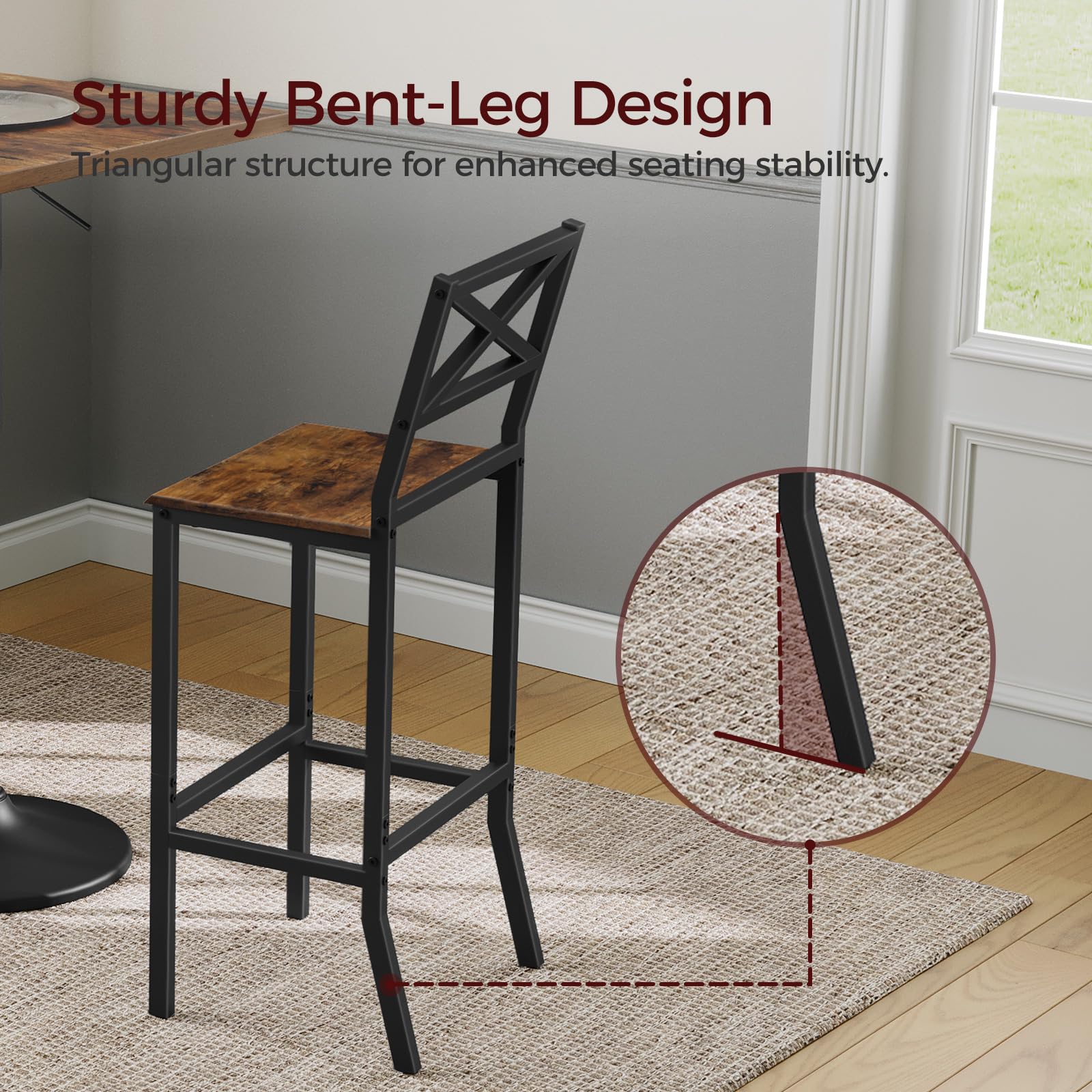 MAHANCRIS Bar Stools, Set of 2 Bar Chairs with Backrest and Footrest, 26" Tall Counter Bar Stools, Kitchen Breakfast Bar Chairs, Easy Assembly, for Dining Room, Rustic Brown BAHR0901N1