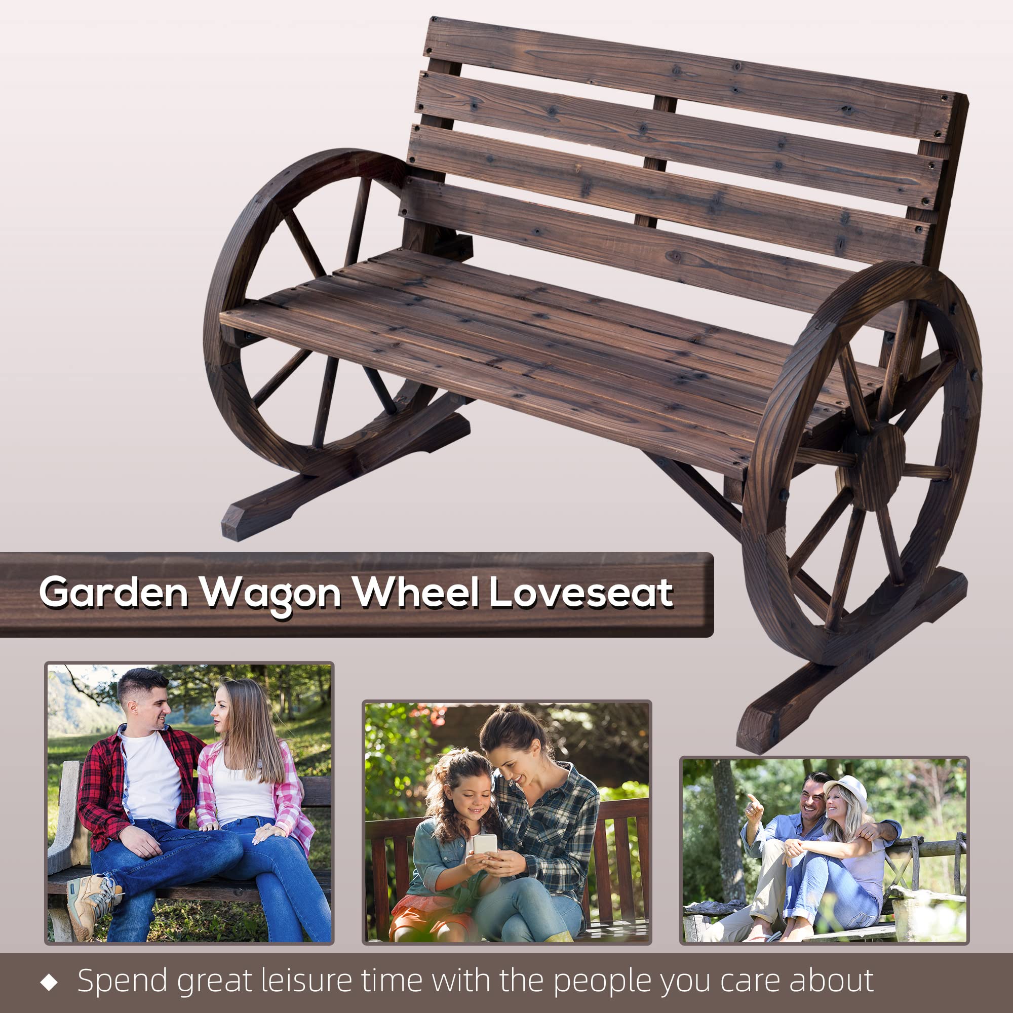 41-Inch Rustic Wagon Wheel Wood Outdoor Bench