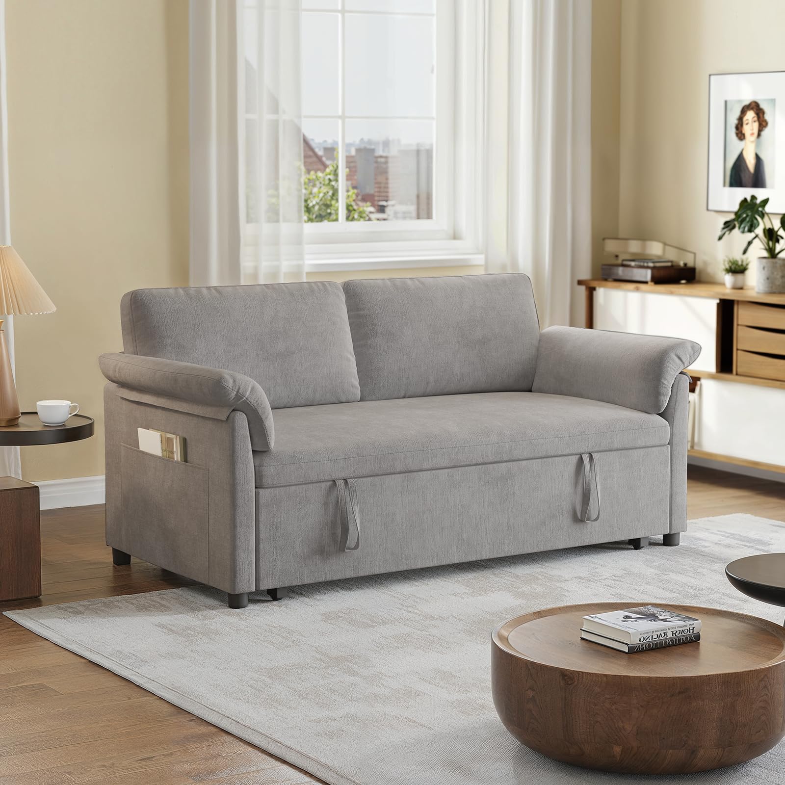 ONBRILL 3 in 1 Convertible Sleeper Sofa Bed,59 Inch Pull Out Couch,Chenille Fabric,Loveseat Sleeper Sofa for Living Room,Bedroom, and Small Space,Grey