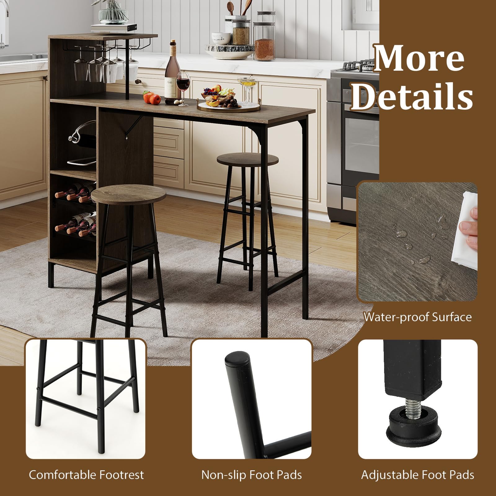 3-Piece Bar Table & Stool Set with Wine Rack