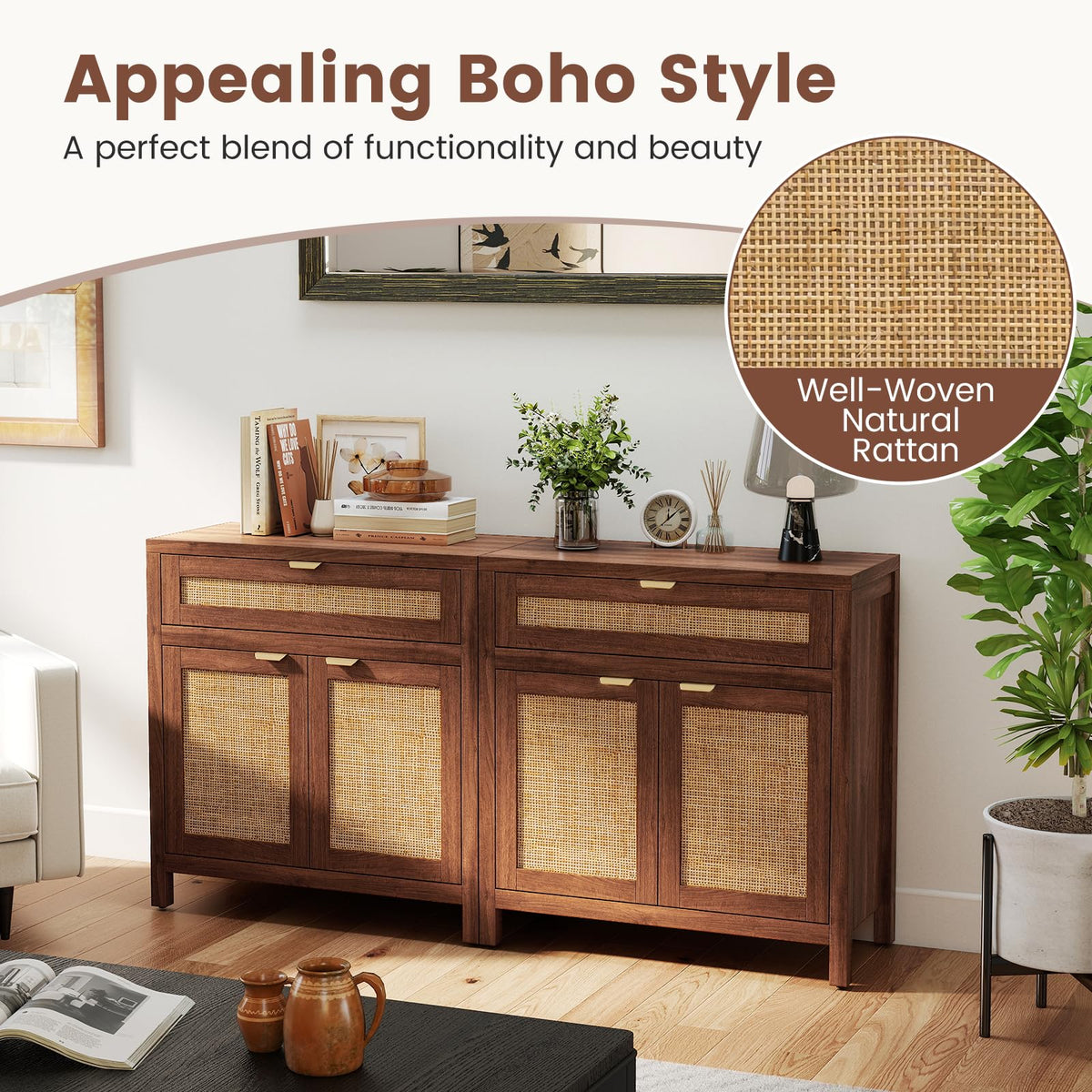Rattan Sideboard Cabinet Set of 2
