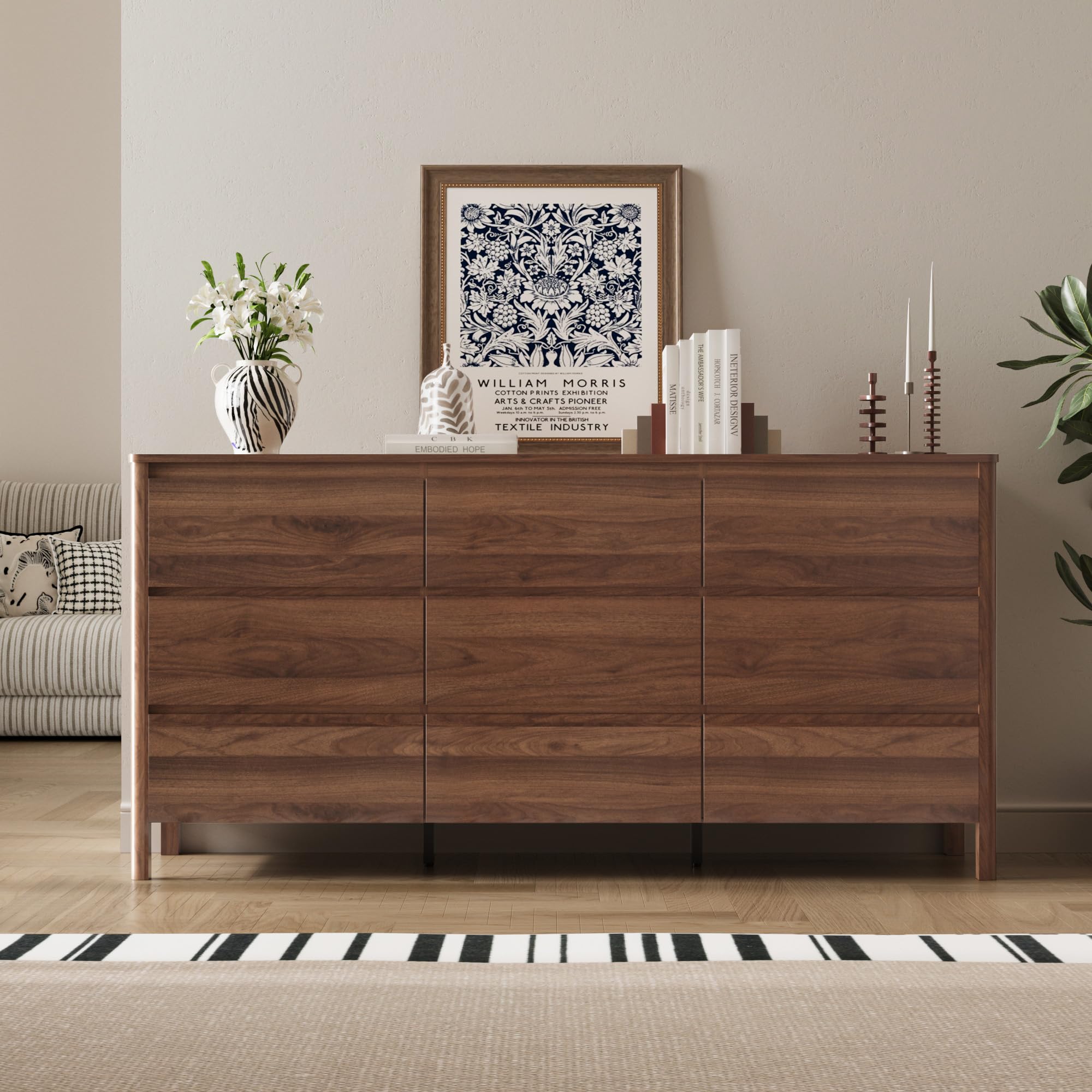 MAISONARIA Walnut 9 Drawer Dresser for Bedroom, 63" Modern Dresser with Hidden Handles, Space-Saving Wooden Drawer Organizer, Living Room, or Hallway, Vertical Storage Chest of Drawers