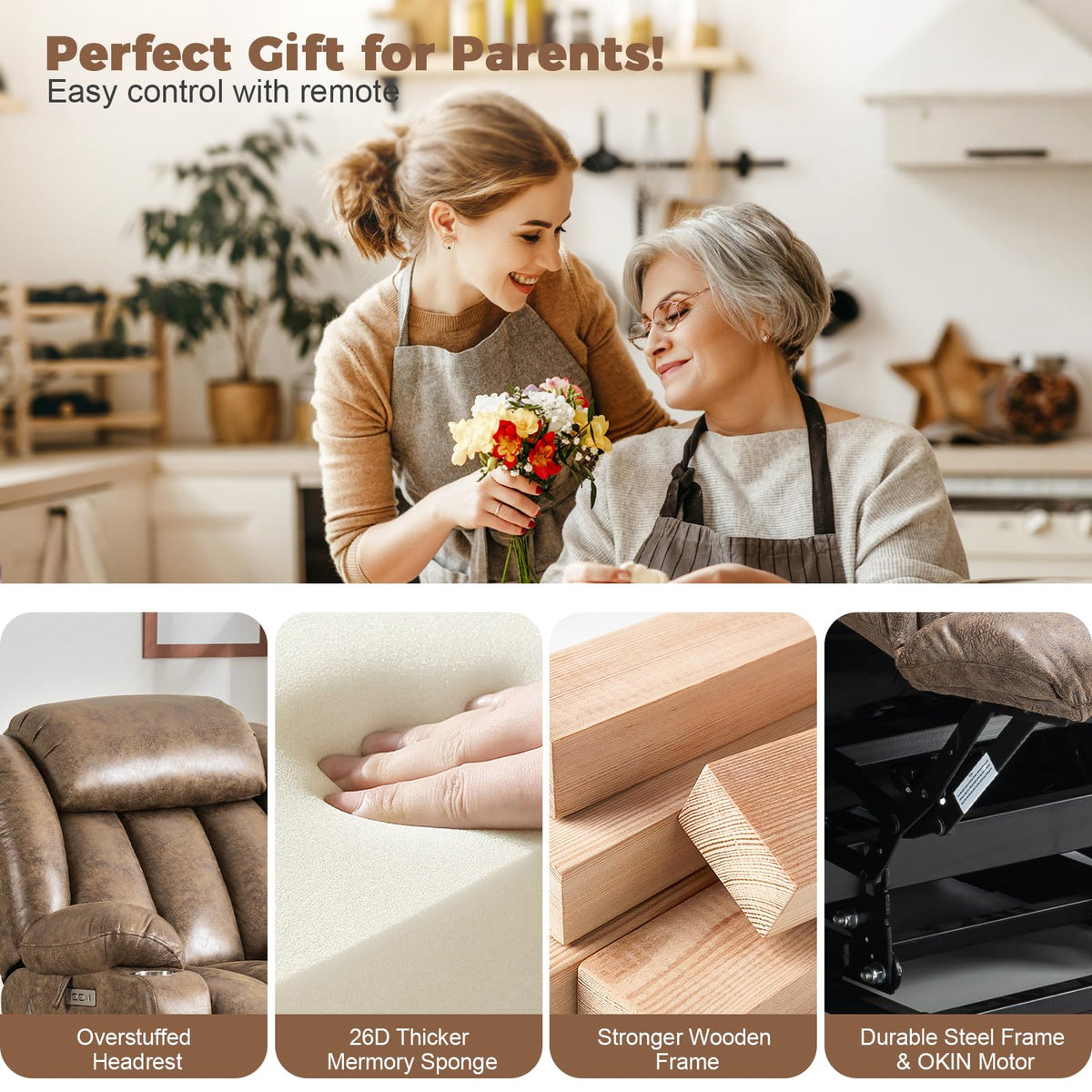 HUSFU Power Lift Recliner with Massage & Heat for Elderly, Leather, Brown