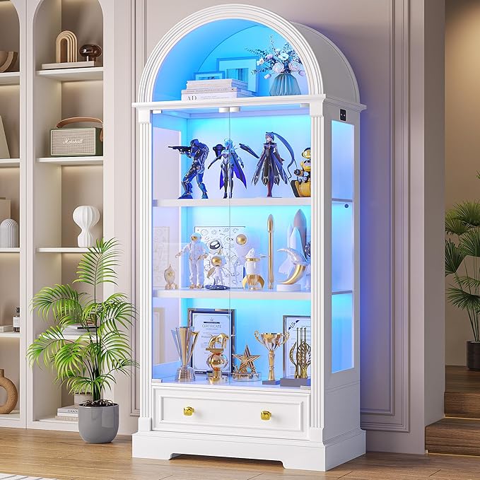 Arched Glass Display Cabinet with LED Motion Sensor Lighting