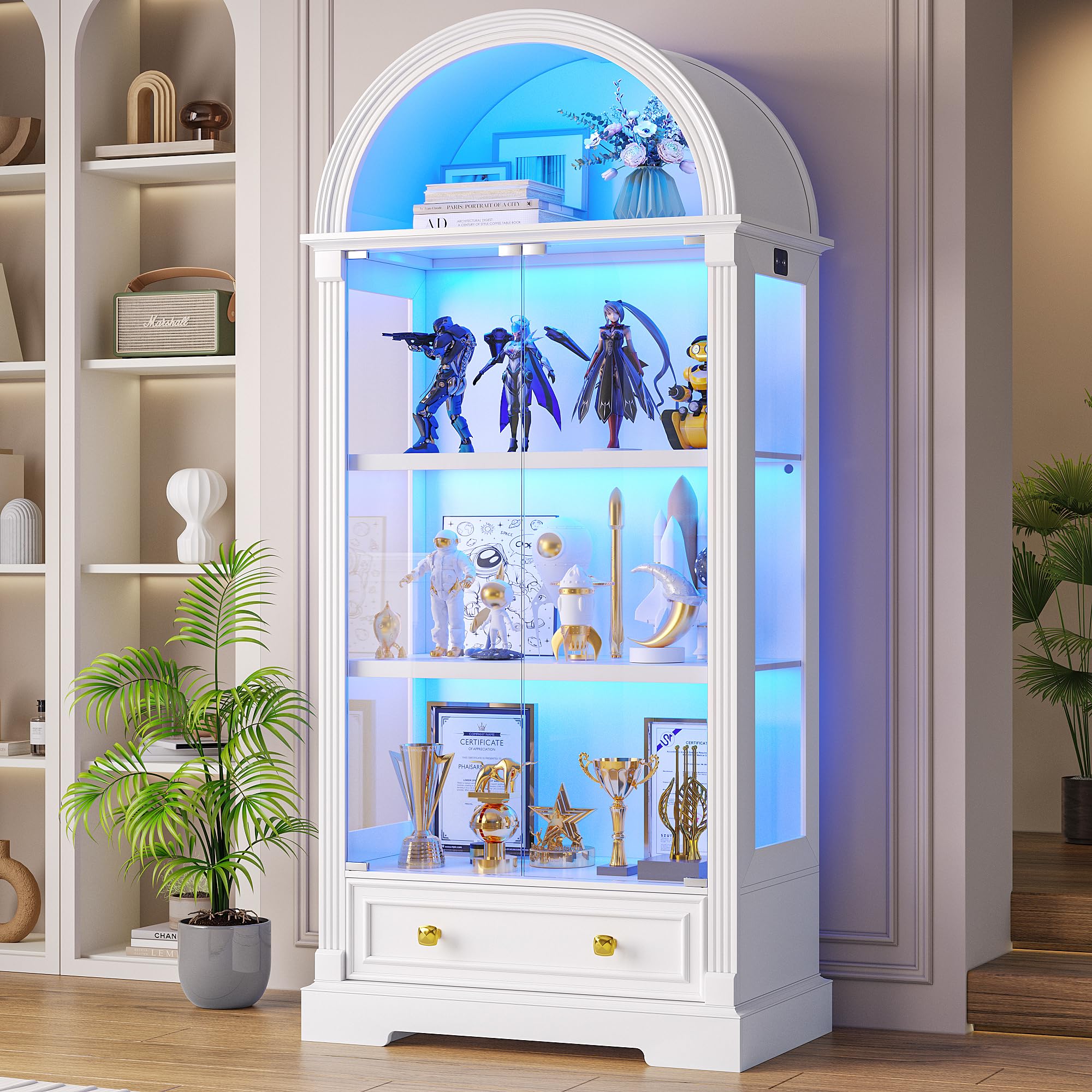 Arched Glass Display Cabinet with Motion Sensor LED Lights