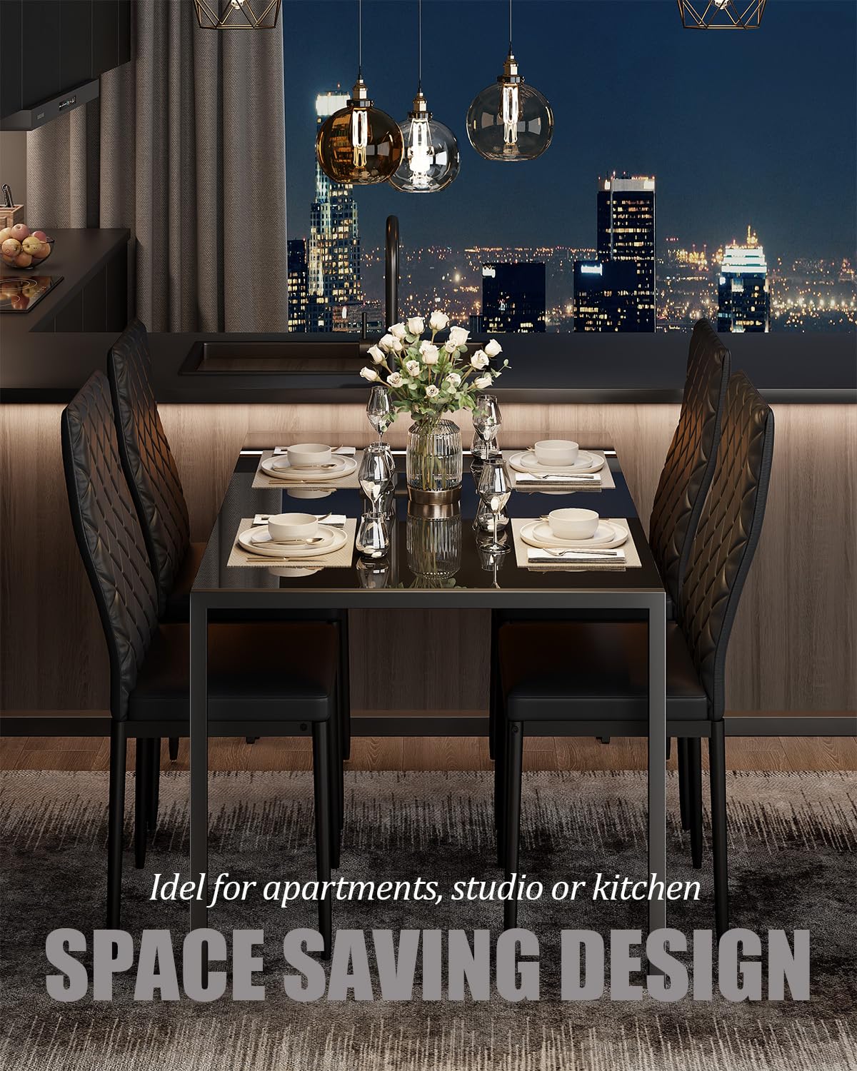 5-Piece Dining Table Set with Tempered Glass Top