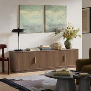 67" Mid-Century Modern TV Stand with Fluted Doors & Faux Marble Top