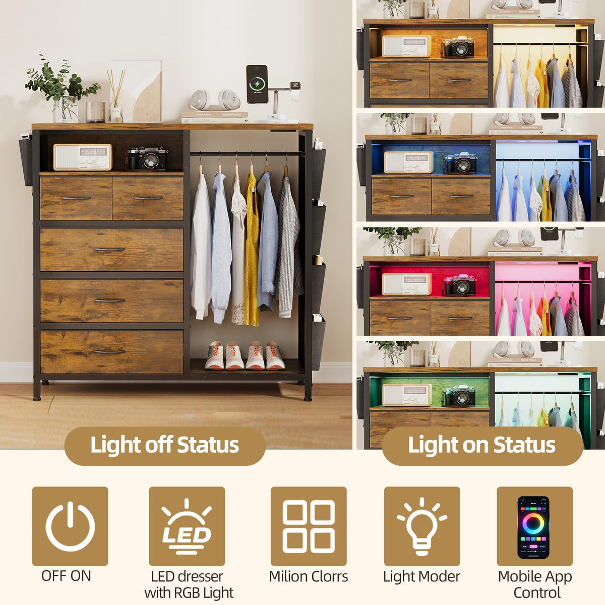 Dresser with Clothes Rack, 5 Drawer Chest with Charging Station & LED