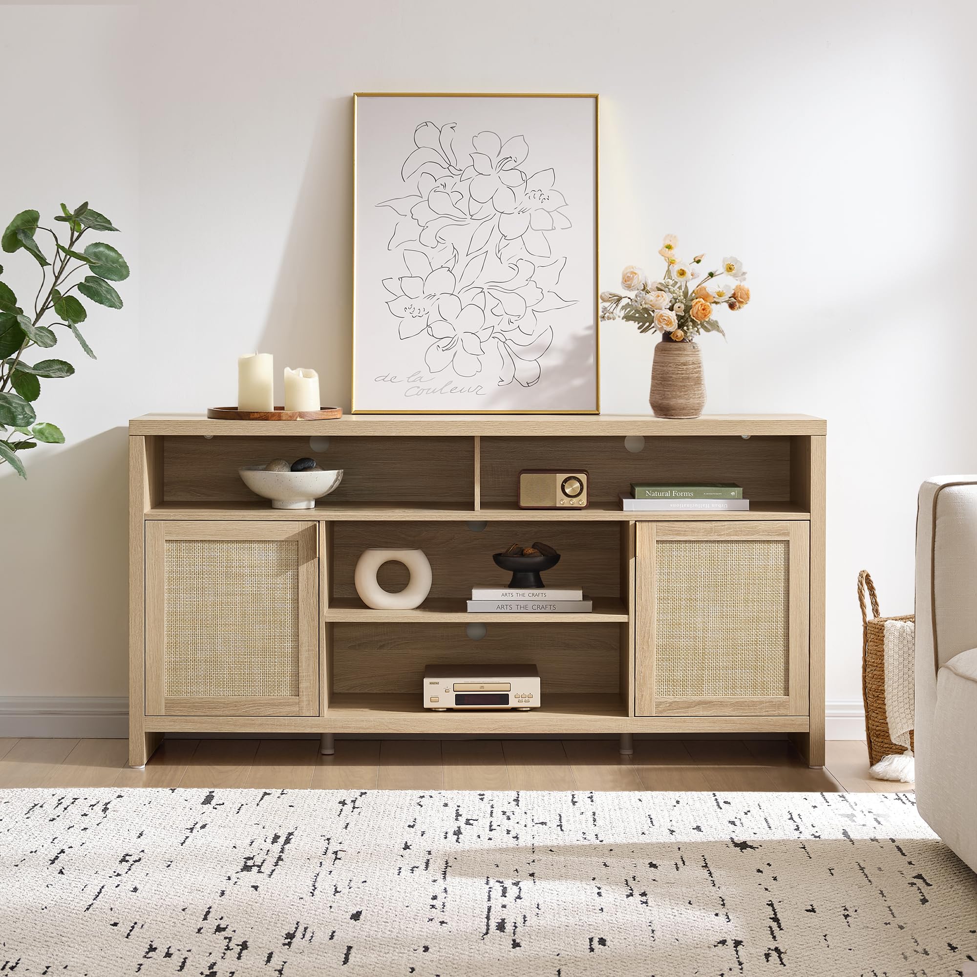 63" Rattan TV Stand with Storage & Doors