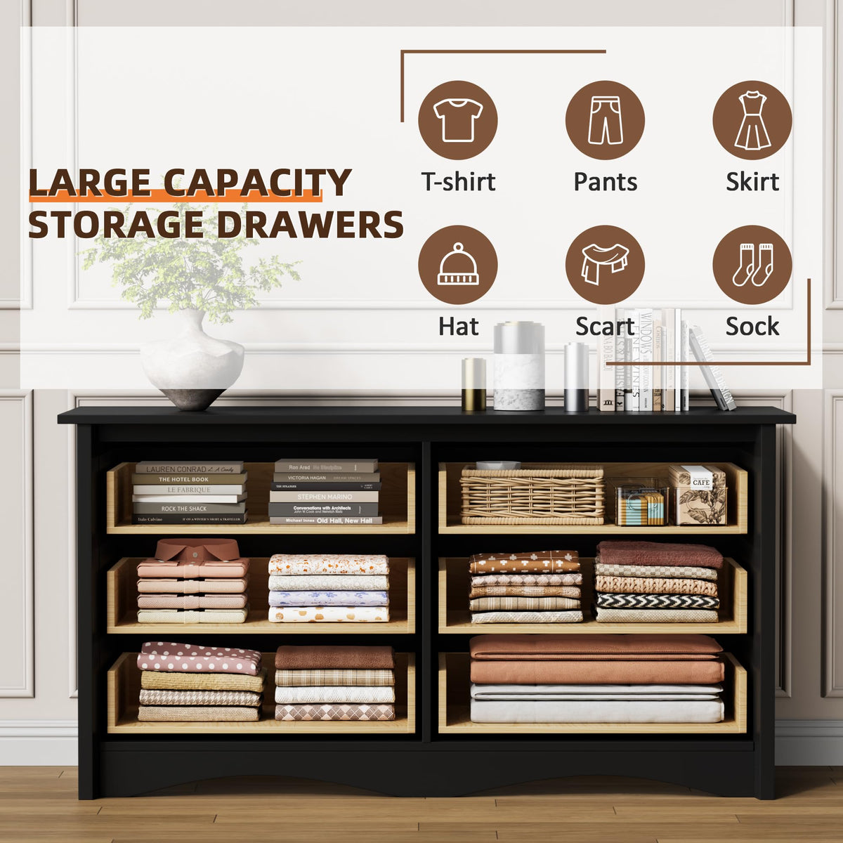Flamaker Dresser for Bedroom, 6 Drawer Wood Dresser, Black