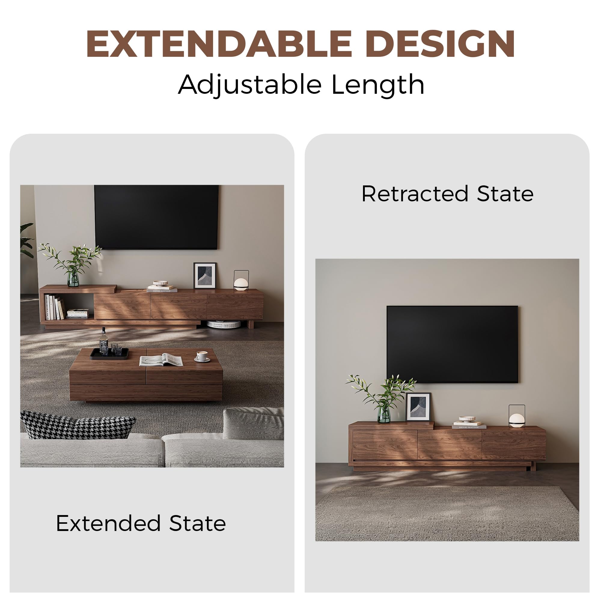 Extendable TV Stand for 65-100 Inches TVs – Walnut Entertainment Console with 3 Drawers & 1 Storage Compartment, Adjustable Length 68.5''-98.4'' (Walnut, 68.5''-98.4'')