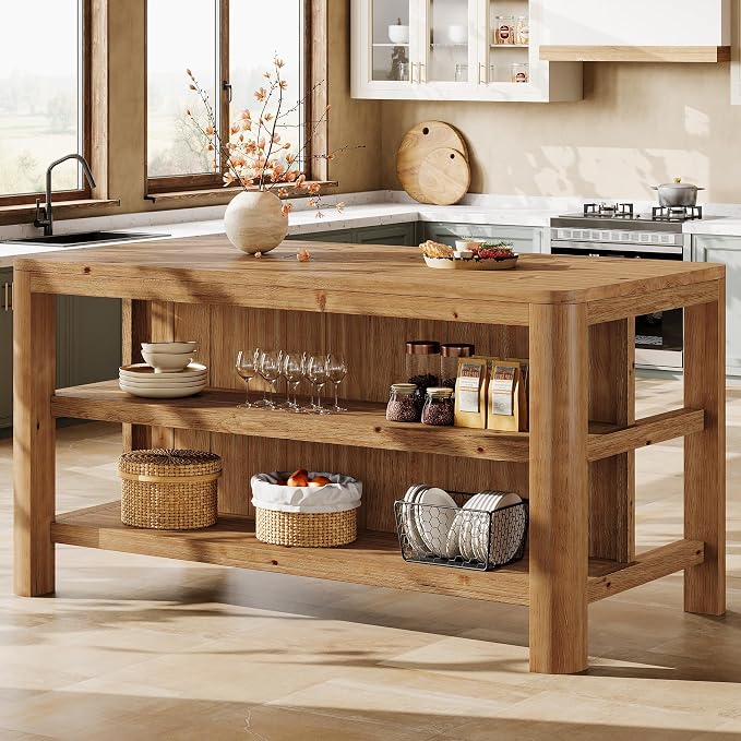 Solid Wood Kitchen Island with Shelves