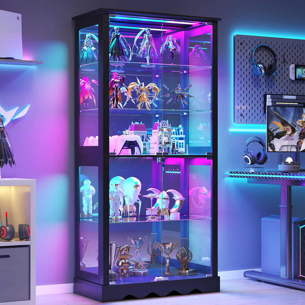 Dystler Display Cabinet with RGB LED Lights & Glass Doors, 5-Tier, Black