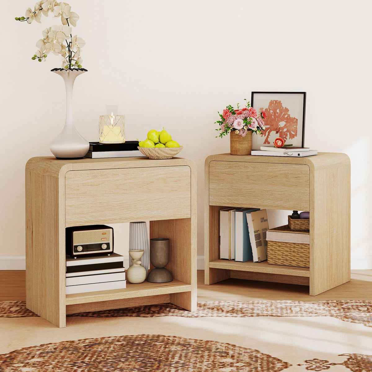Nightstands with Drawer & Shelves, Set of 2