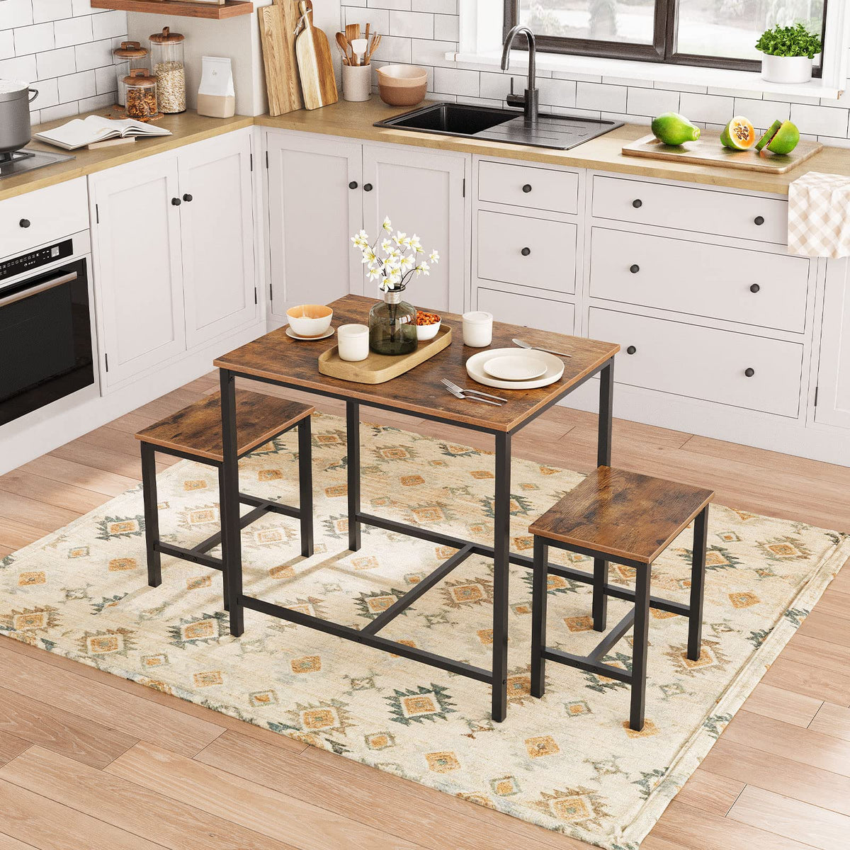HOOBRO 3-Piece Industrial Dining Table Set, Kitchen Table, Space Saving Dinette for Kitchen, Dining Room, Small Space, Breakfast Nook, Living Room, Party, Rustic Brown and Black BF75CZ01G1