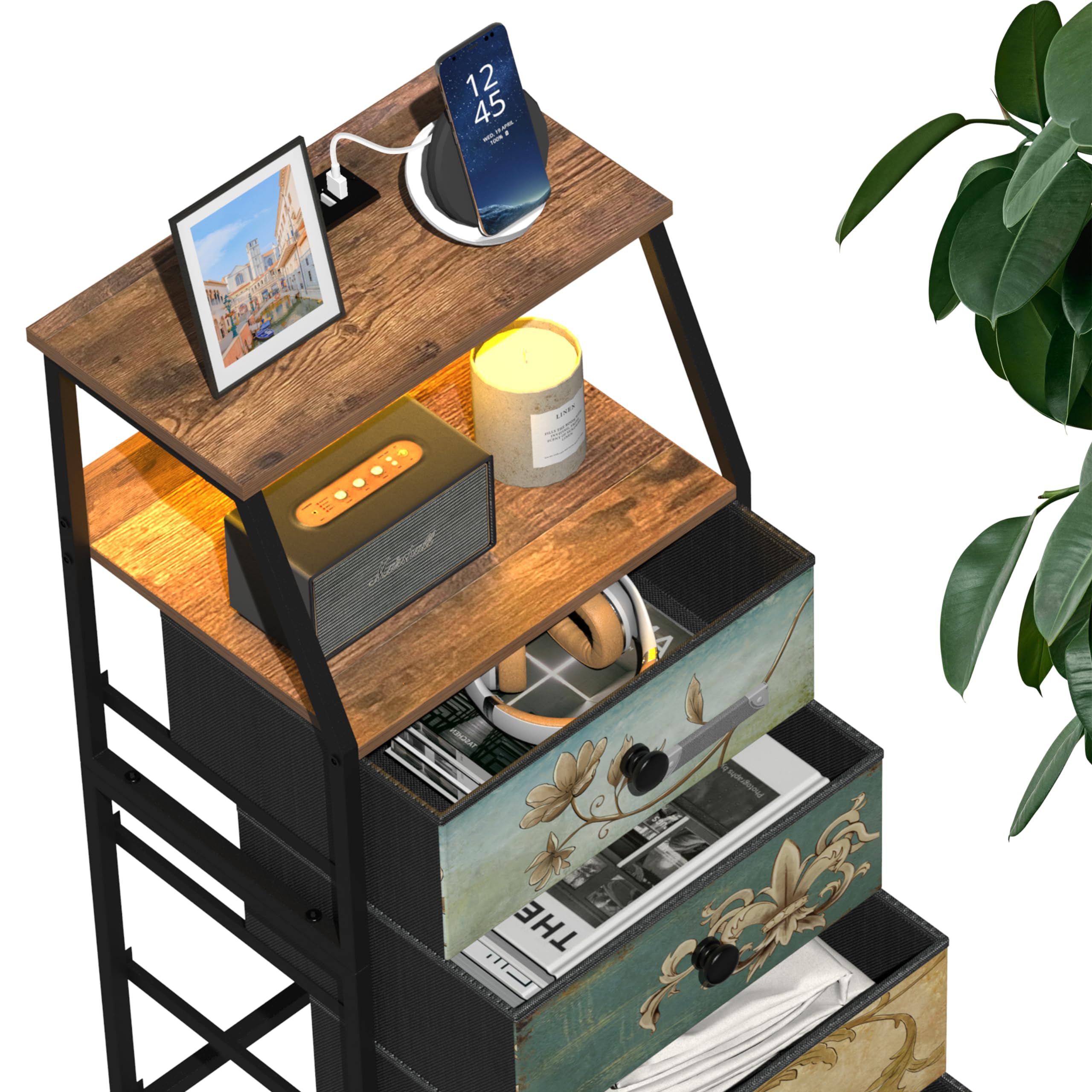 Fabric Dresser with Drawers & 2-Tier Shelf
