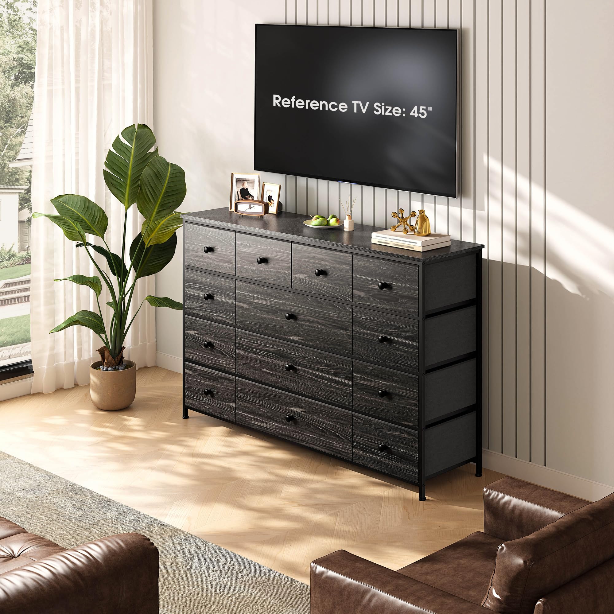 EnHomee Black Dresser TV Stand with 13 Fabric Dresser 45 Inch TV Stand for Bedroom Chests of Drawers for Bedroom, Entryway, Wood Top and Sturdy Frame