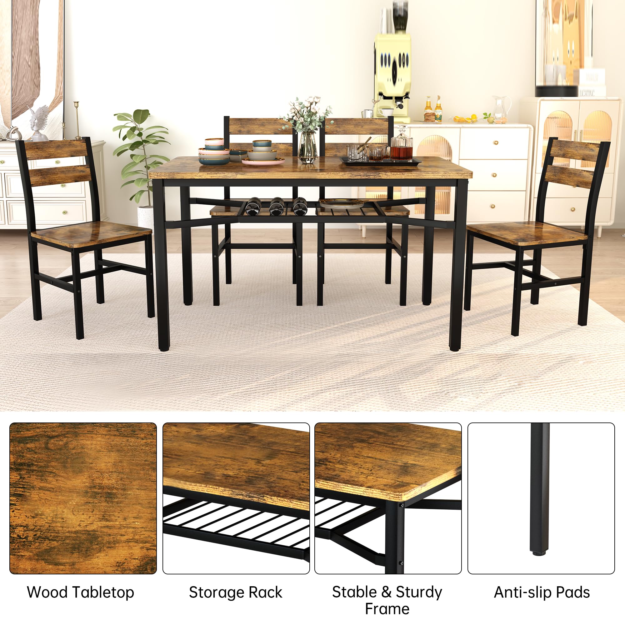5-Piece Farmhouse Dining Table Set for 4