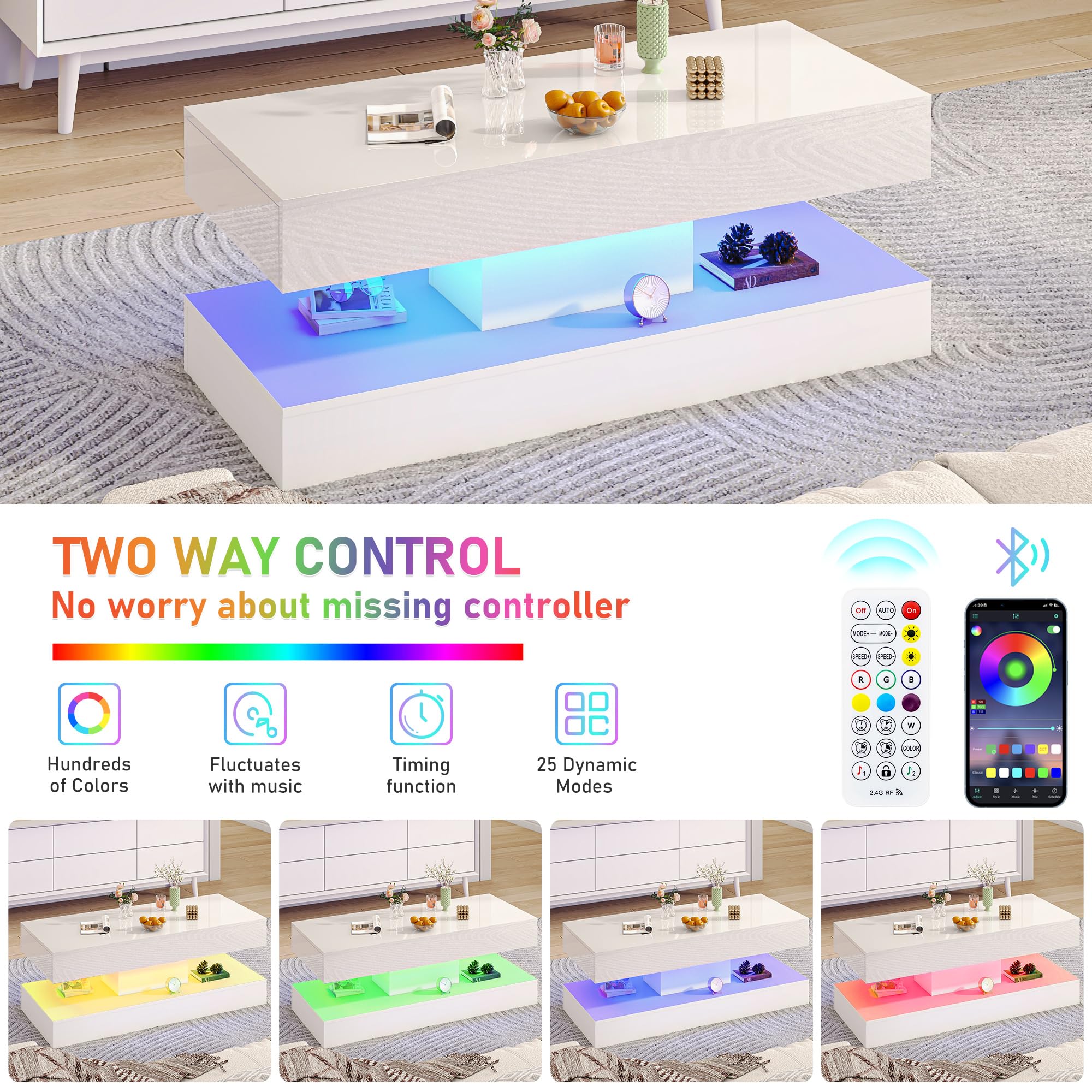 47.2" Modern High Glossy LED Coffee Table with 2 Sliding Storage Drawers, White Living Room Tables for Living Rooms,Dining Room,Bedroom Home Office,APP LED Lights(White)