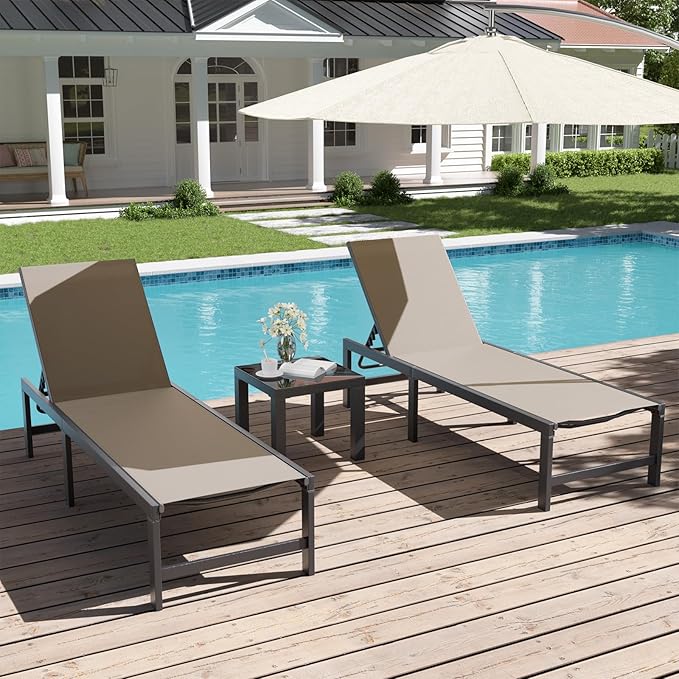 Outdoor Textilene Chaise Lounge Set with Side Table