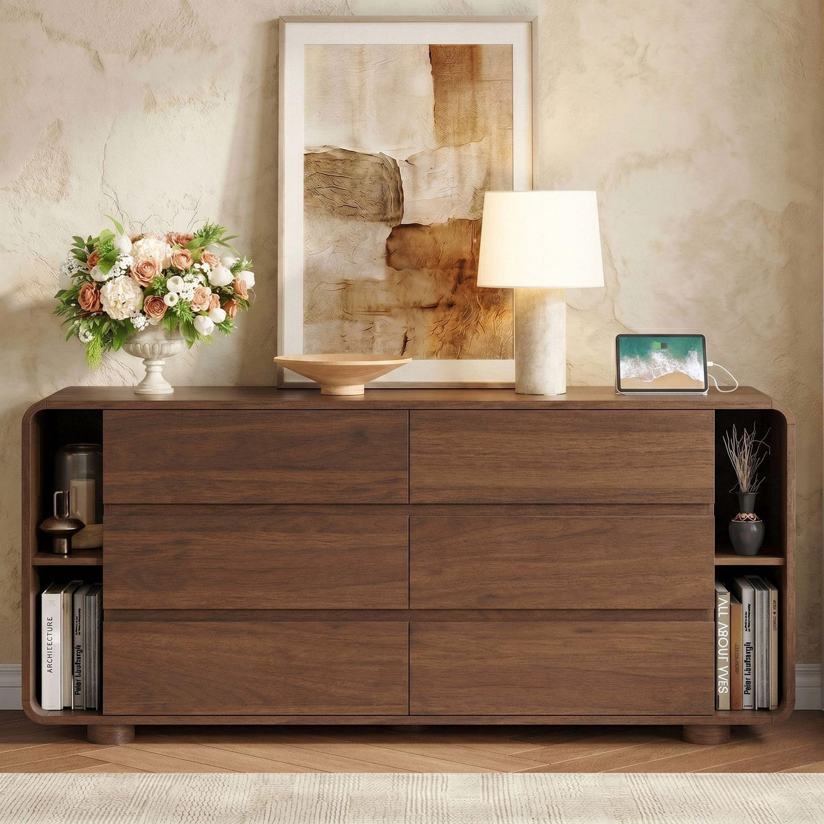 Whalefall 63 Inch 6 Drawer Dresser with Shelves, Rounded Corner, Walnut