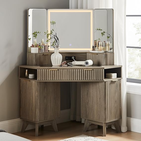 48" Corner Vanity Desk with 3-Way Mirror, Lights & Charging Station