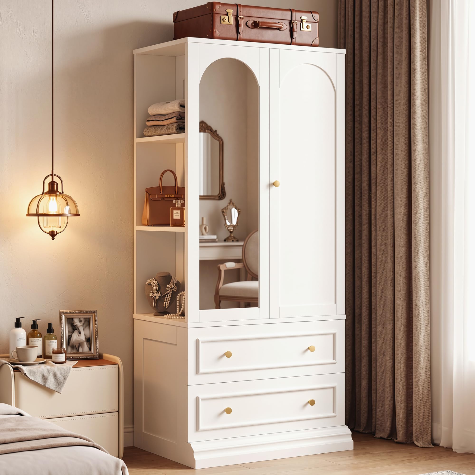 LIKIMIO Armoire Wardrobe Closet with Full Length Mirror, 3 Open Shelves, 71" Freestanding Bedroom Armoire with 2 Drawers, 3 Side Hooks & Hanging Rod, Clothing Storage Cabinet for Bedroom, White