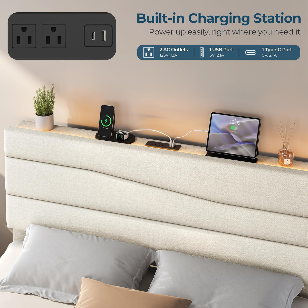 Yaheetech Full Upholstered Bed with LED Charging Station Shelf