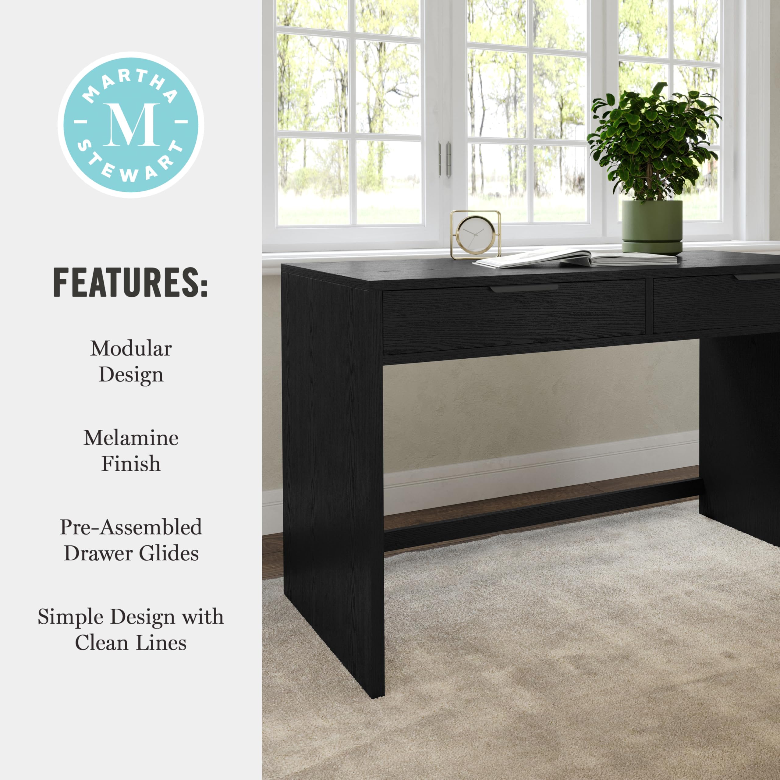 Martha Stewart Kayden Home Office Modular Desk with 2 Drawers in Black with Oil Rubbed Bronze Hardware