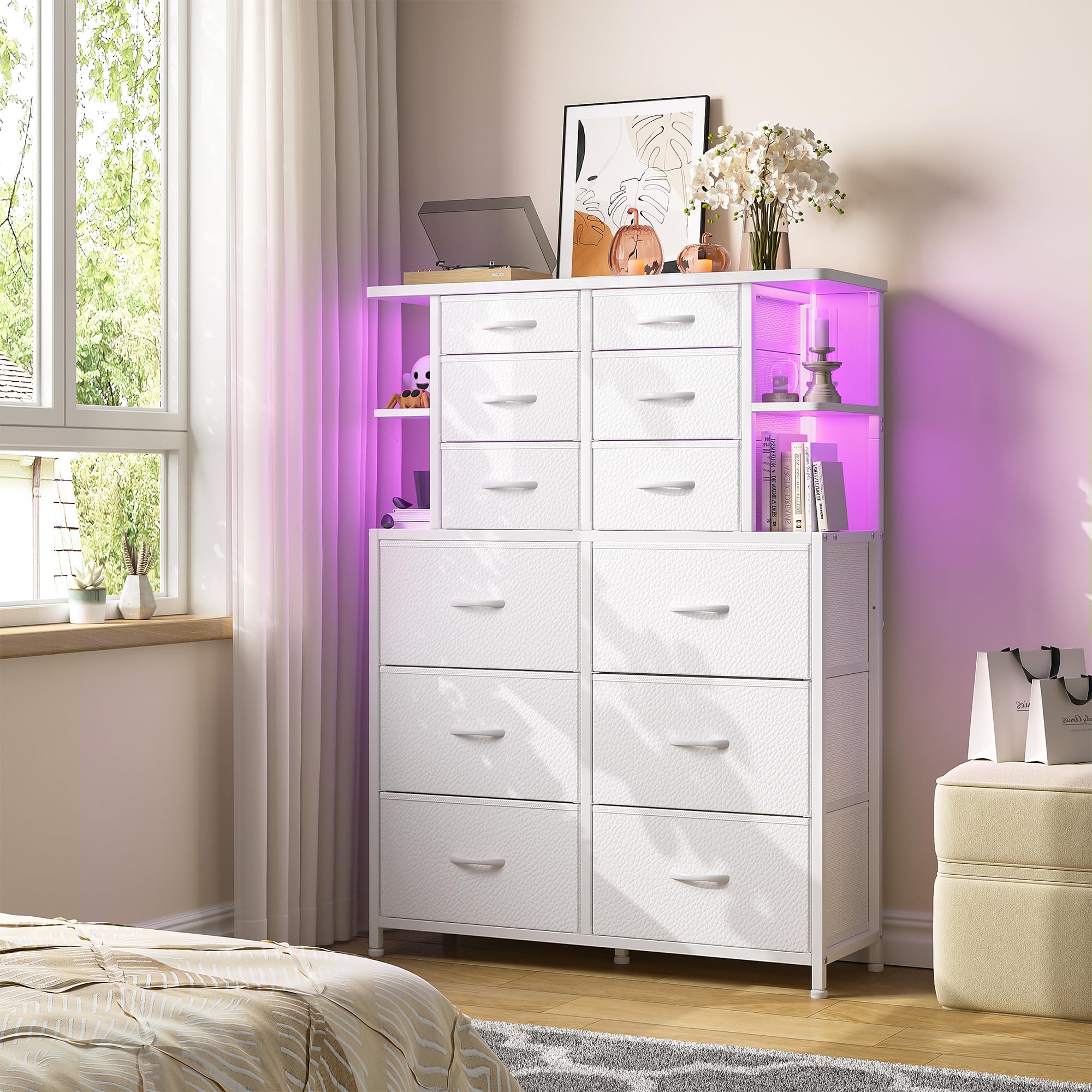 White Dresser for Bedroom with 12 Drawers & LED Lights,4 Open Storage Shelves, Fabric Dressers & Chests of Drawers for Living Room, Entryway, Dorm, Metal Frame, Wood Top,45.2" H x 35.4" W x 11.8" D