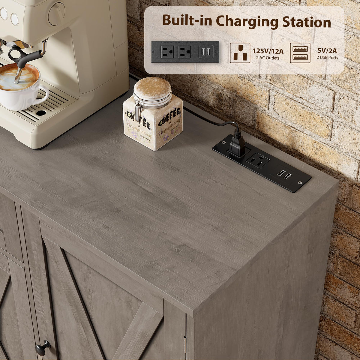 HOSTACK 59" W Kitchen Buffet Cabinet with Storage, Coffee Bar Cabinet, Grey
