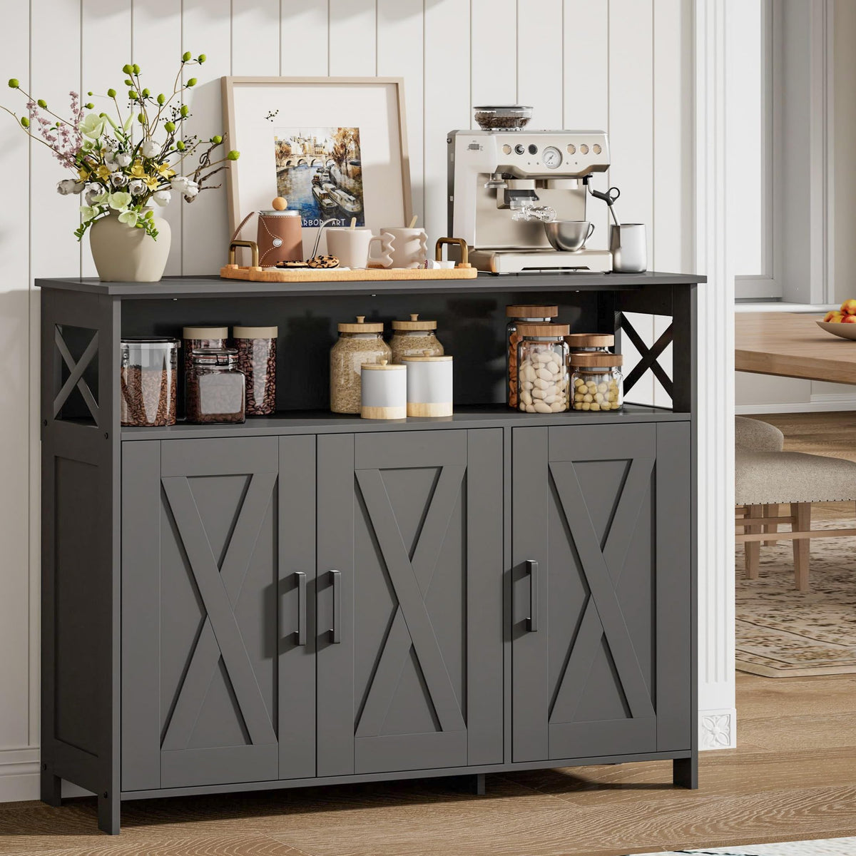 Homhedy Farmhouse Coffee Bar Cabinet, Kitchen Storage Cabinet, Black